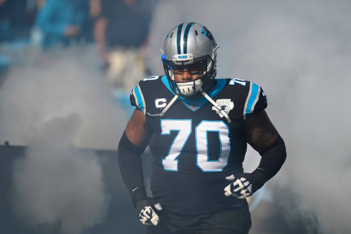 Carolina Panthers offensive guard Trai Turner (70) runs on to the field before the game